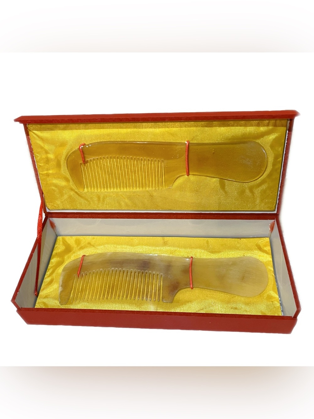 2 Pack Natural Ox Horn Hair Combs Long Handle Anti-Static Scalp Massage Gift Set